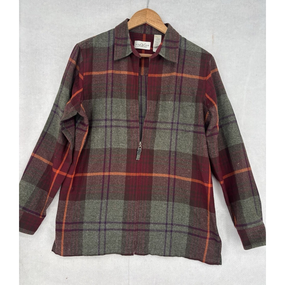 Villager Liz Claiborne Womens L Plaid Flannel Full Zip Shirt Jacket Maroon/Gray